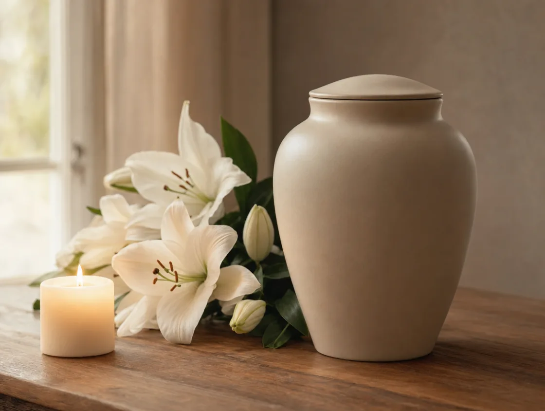 Schlichte Urne mit einer Kerze und weißen Lilien